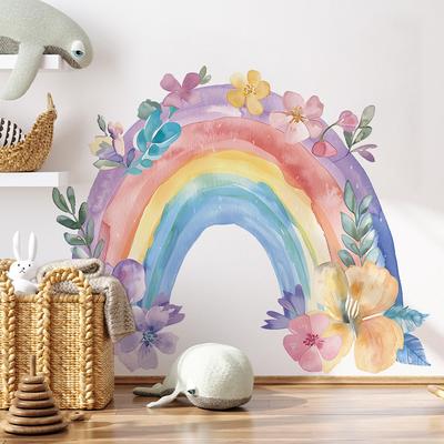 Großer Aquarell Regenbogen Blume Blatt Wandaufkleber Selbstklebend für Kinderzimmer Hintergrundwand Dekoration