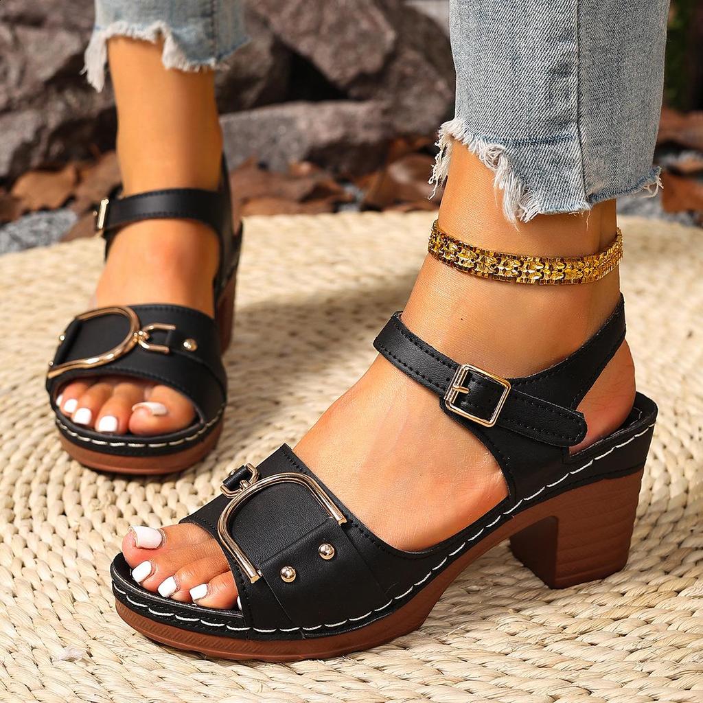 Fashion 2025 Summer Block Heels Beige Heeled Sandals Sale Of Women's Shoes Large Size Chunky Black New Big Outside High Fashion Girls Co