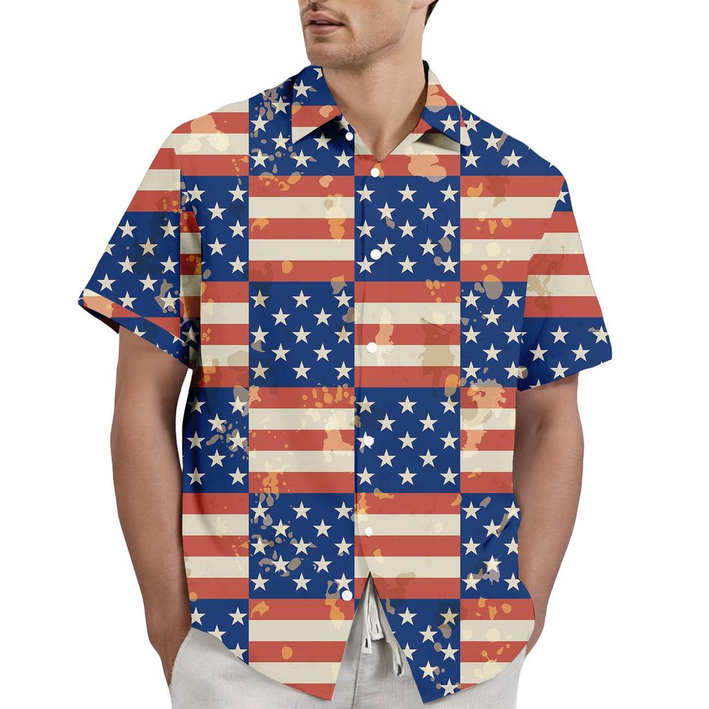 Men's Casual Stylish Flag Letter Print Shirt - Men's Lapel Short-sleeved Button-up Shirt