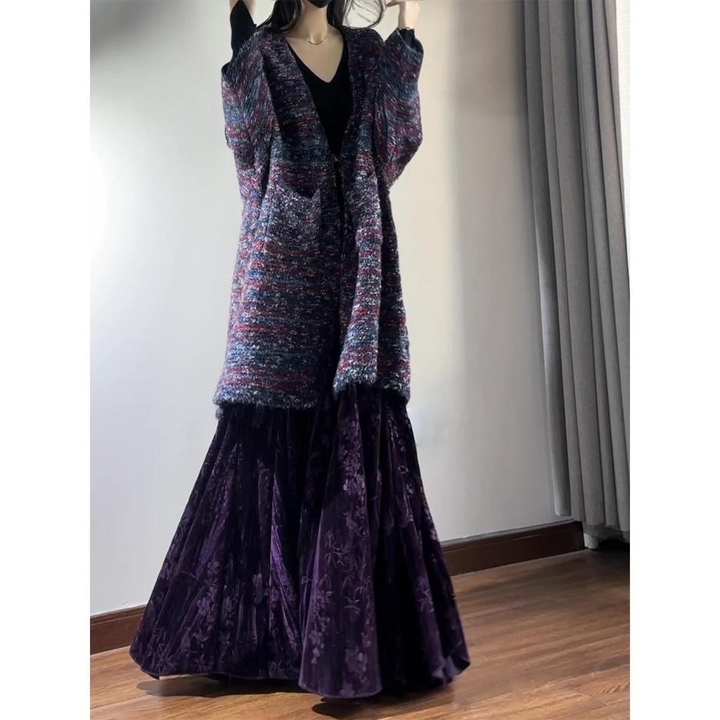 Velvet High Waist Fishtail Skirt - Chinese Style, Long Flare, Autumn/Winter Collection for Women