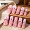 Long Rectangular Nails 24Pcs French Tip Press On Nails, 3D Pink Bow Rhinestone Fake Stick-on for Women, Removable Full Cover Glue At Home Nail