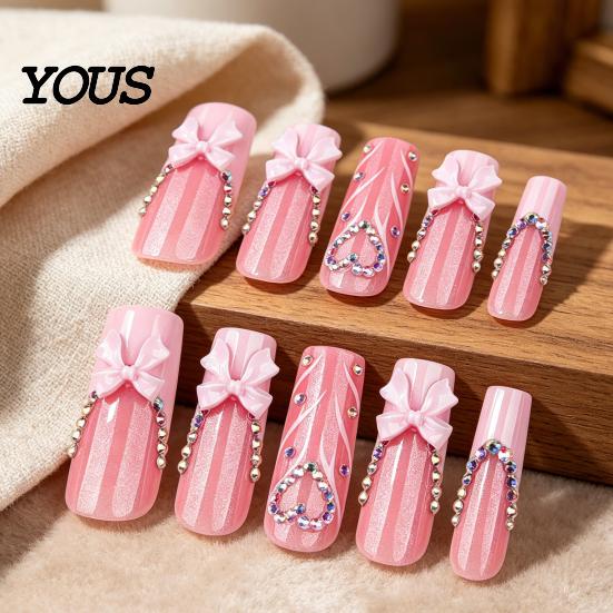 Long Rectangular Nails 24Pcs French Tip Press On Nails, 3D Pink Bow Rhinestone Fake Stick-on for Women, Removable Full Cover Glue At Home Nail