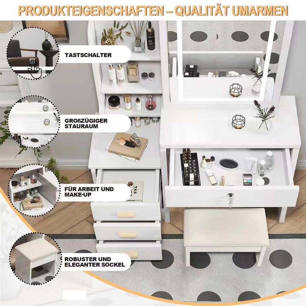 Stylish dressing table with mirror and lighting, including soft stool, 3-color adjustable lighting, 4 drawers, white, W85/H130/D36cm.