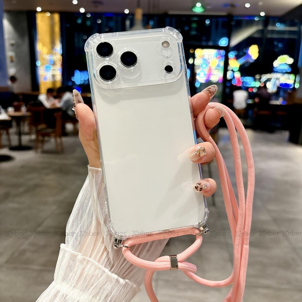 Shockproof Clear Soft Bumper Case For For Iphone 17 16 1 14 Pro Max Plus Crossbody Lanyard Necklace Strap Cord Nylon Rope Cover