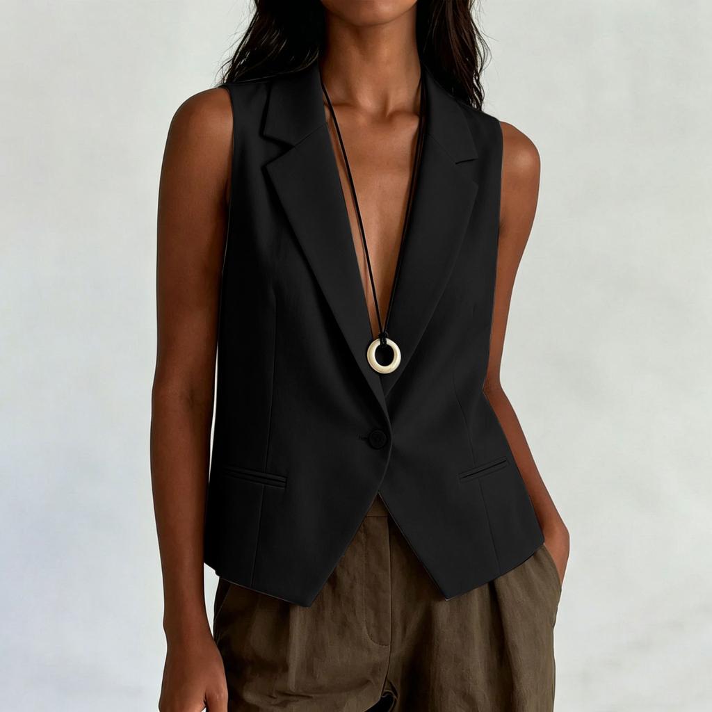Women's Casual Business Vest - Sleeveless with Notched Collar and Front Button Open for Wear