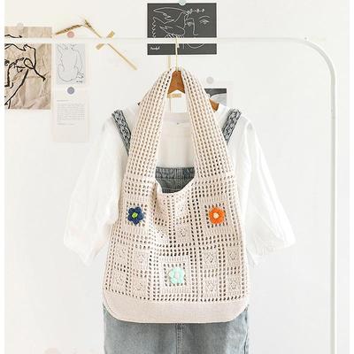 Women Crochet Tote Handbag Hollow Out Crochet Grocery Bag Solid Color Travel Shopping Totes Ladies Daily Shoulder Bag