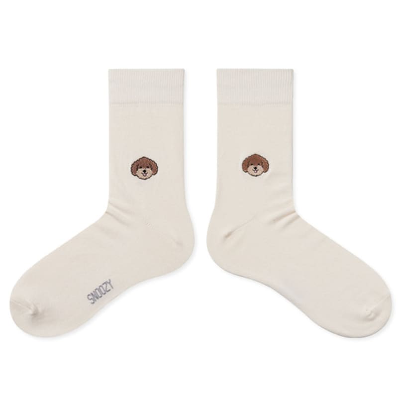SNOOZY Brown Poodle Dog Face Embroidered Socks (Beige)