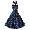 Fashion Style New Arrival Retro Hepburn Style Halterneck Christmas Print Shoelace Cinched Sleeveless Large Swing Dress Belt