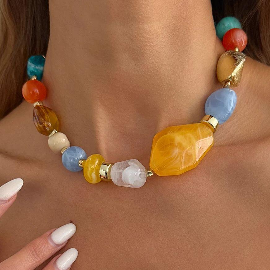 SHIXIN Bohemian Summer Colored Dopamine Resin Beaded Necklace for Women Trendy Clavicle Chain Wedding Party Jewelry On the Neck