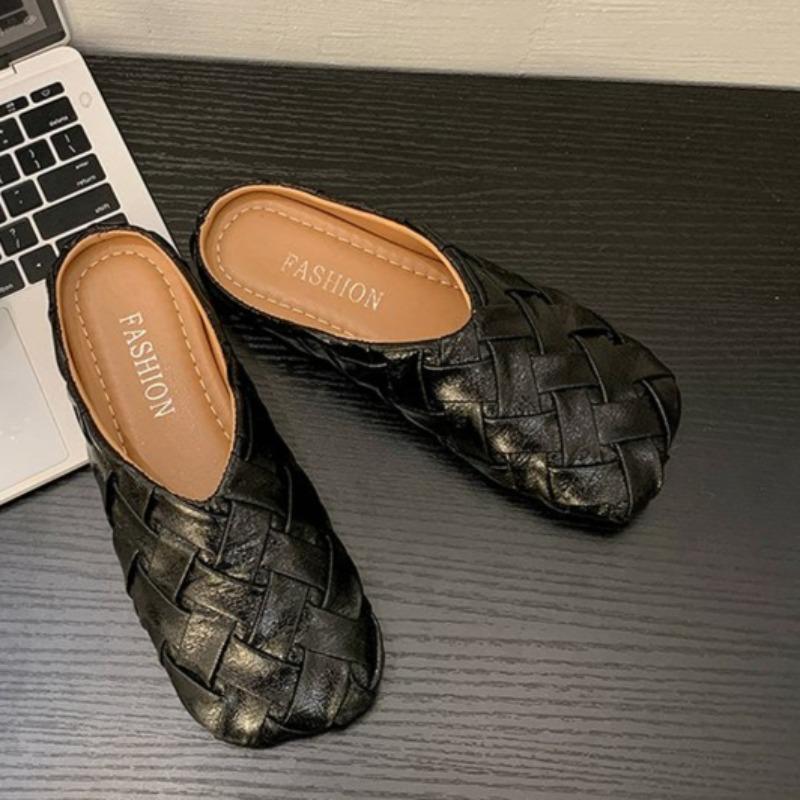 Fashion Spring New, Style Flat Sandals for Women Fashion Square Head Mid-mouth Woven Soft Sole Anti-slip Wear-resistant Slippers