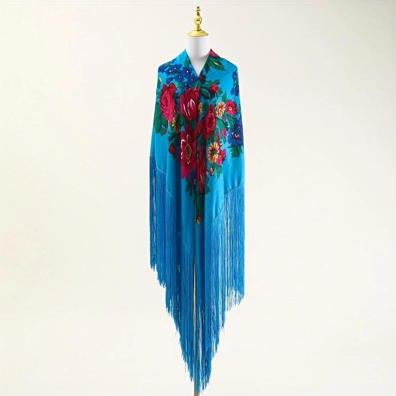 Elegant Long Tassel Peony Flower Shawl Scarf - Ethnic Retro Style, 50cm.