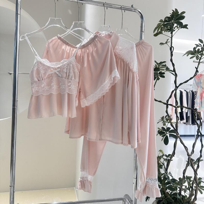 Sexy Pajamas Women's Spring and Summer Ice Silk Pure Desire Wind with Chest Pad Can Be Worn Outside Shirt Suspender Four-piece Set Loungewear