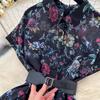 French Vintage Print Lapel Dress Women's Short Sleeve Floral Print High Waist Belt Office Lady Maxi Clothing Female