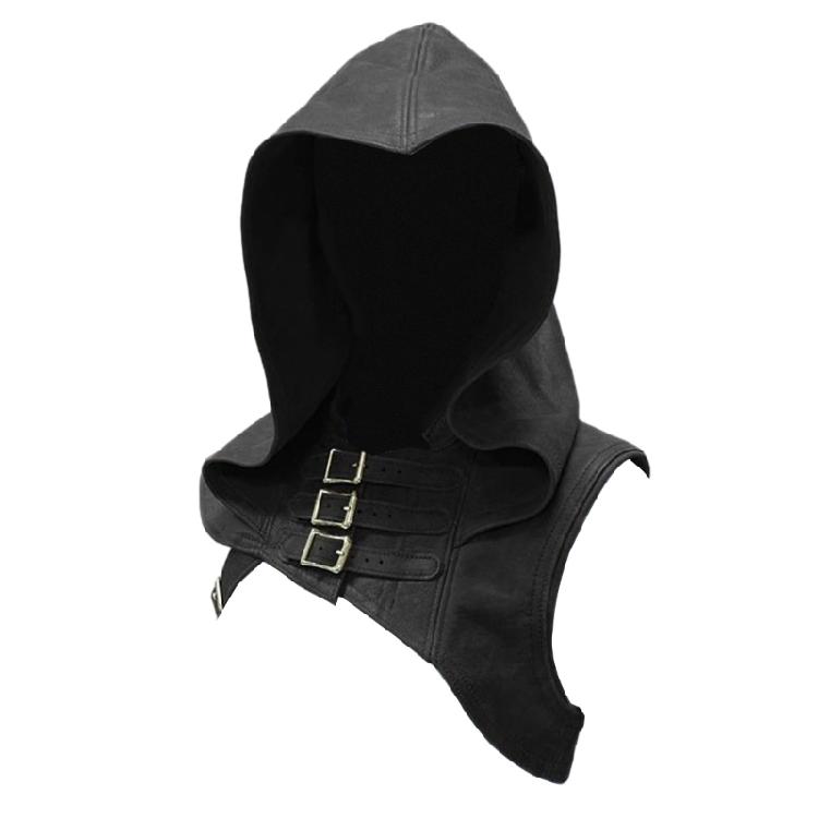 Unisex Faux Leather Medieval Cowl Hat Steampunk Gothic Hooded Cloak Cape with Adjustable Strap for Costume Enthusiasts