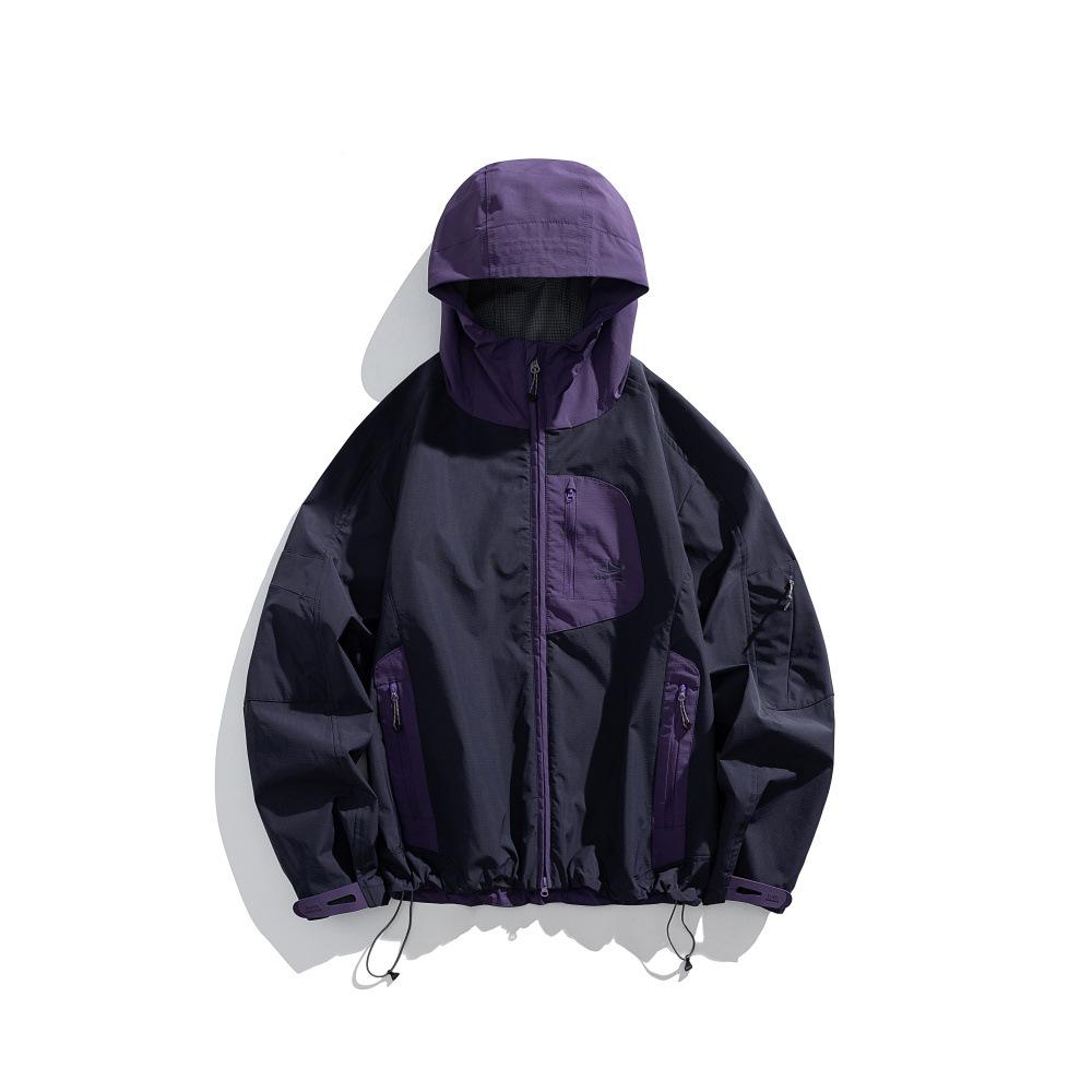 Men s Contrast Color Multi-Pocket Hooded Windbreaker Jacket, Autumn/Winter Loose Fit, American Style, Waterproof, Outdoor Mountain Jacket Medium
