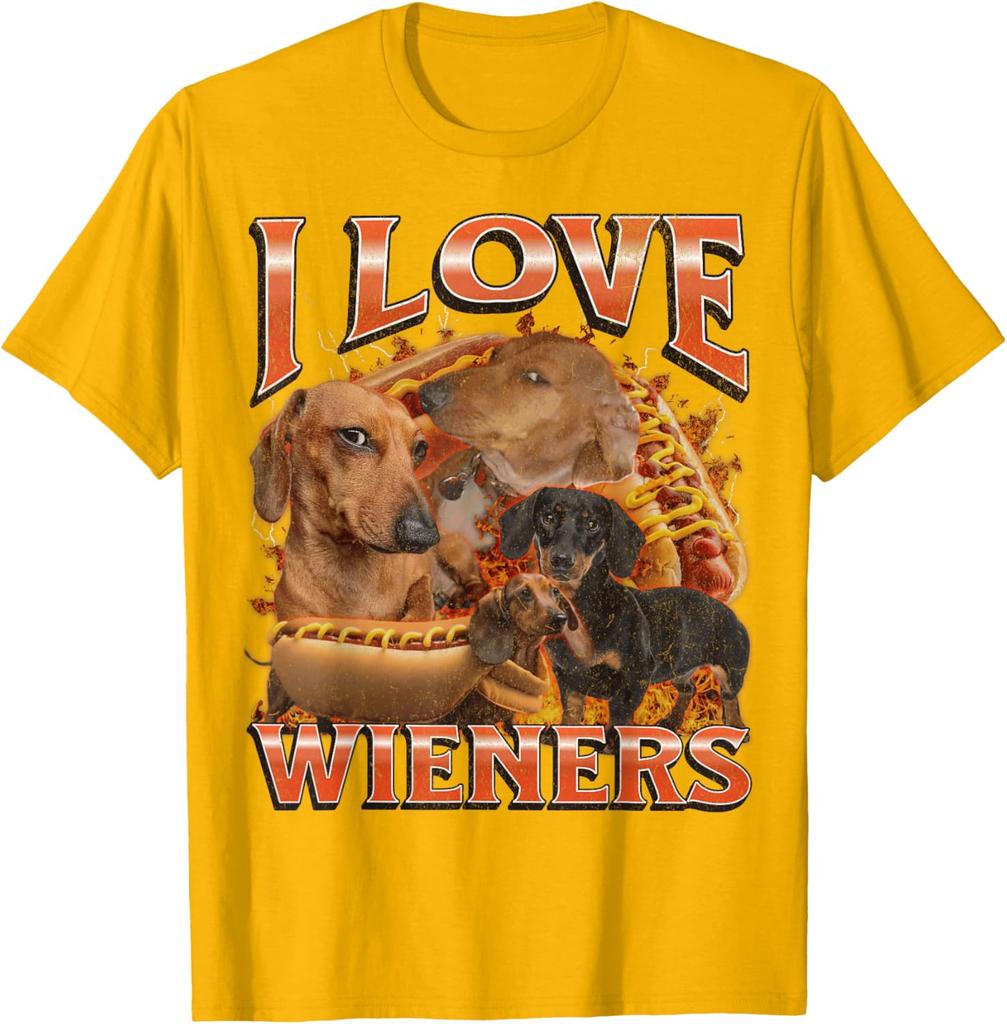 I Love Wieners Dachshund Dog Hot Dog Graphic Tee Funny Casual Cotton Short Sleeve T-Shirt Pets Owner Walking Outdoor