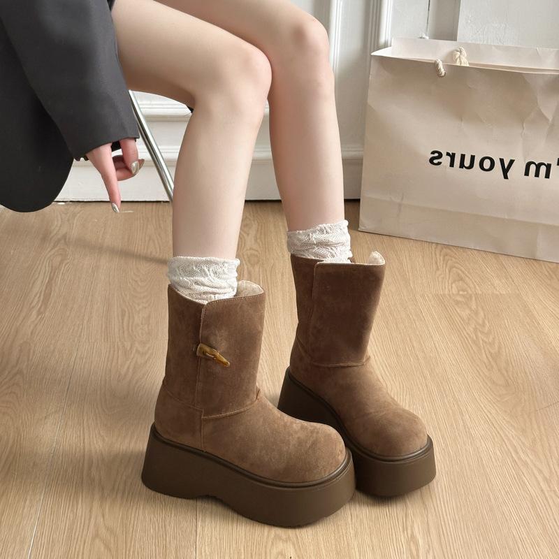2025 Winter New Round Head Thick Sole Height Increase Two Wear Snow Boots Women's Korean Version Velvet Warm Snow Boots Women's Cotton Shoes
