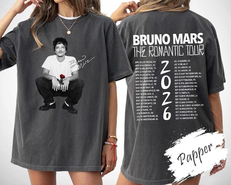 Bruno Mars The Romantic Tour Inspired Print Short Sleeve Cotton T-shirt 2026 Retro Pop Concert Men Women Tee Music Fan Gift