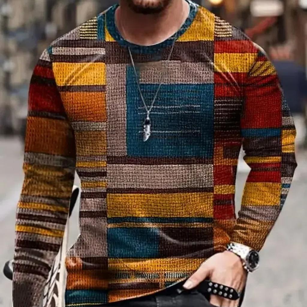 2024 Vintage Men's T-Shirt Color Block Long Sleeve 3D Clothing Print Harajuku Oversized Tops Men's Outdoor Jogging T-Shirt Tops