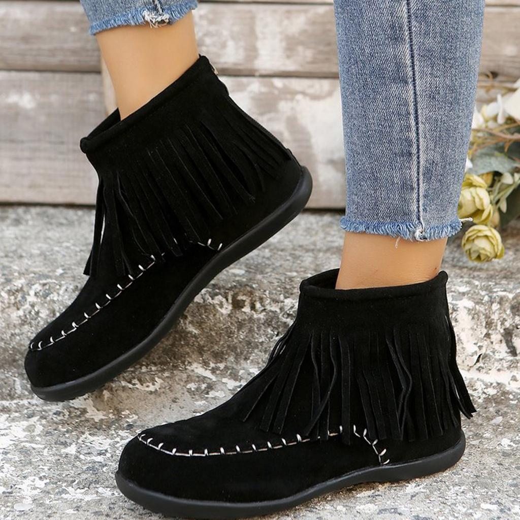 Large Size Tassel Flat Short Boots Women's Belt Boots Suede Casual Boots Boots Women Wide Width