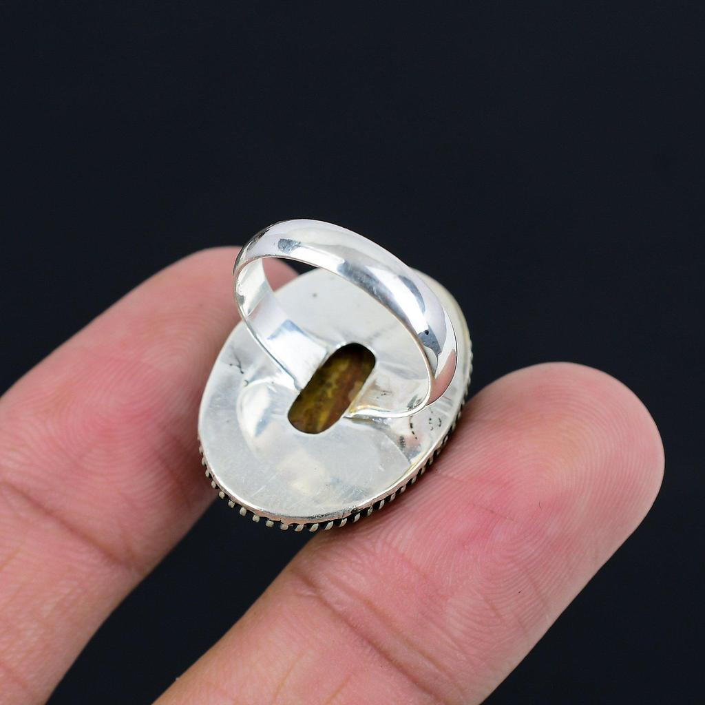 Oval Moroccan Seam Agate Stone Mother Solitaire Ring Size 7 925 Sterling Silver