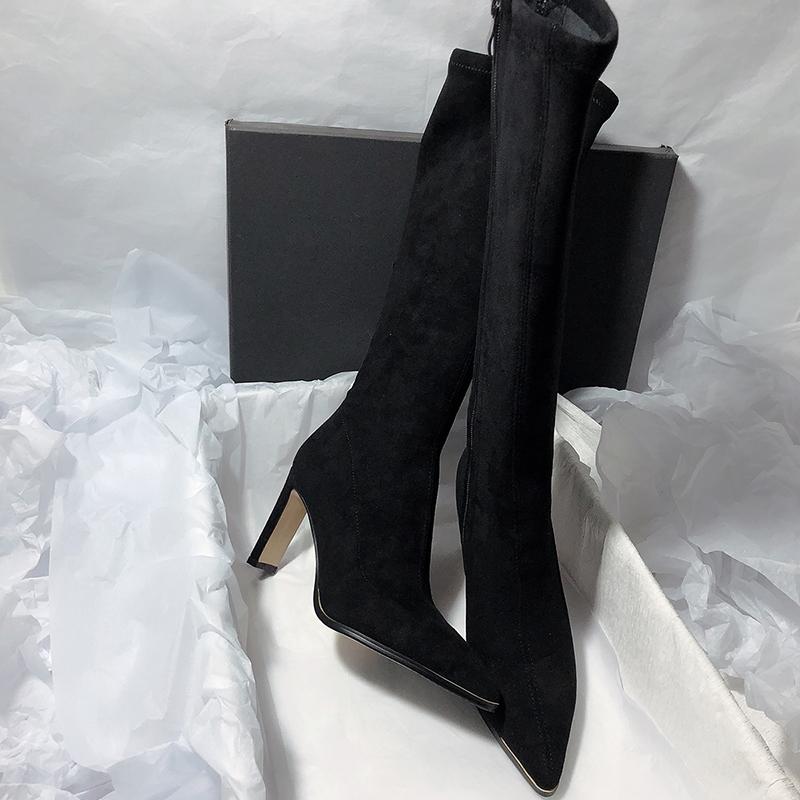 Fashion Vintage Pointed Toe Elastic Slim Women Knee High Boots Designer Square High Heels Zipper Long Botines De Mujer