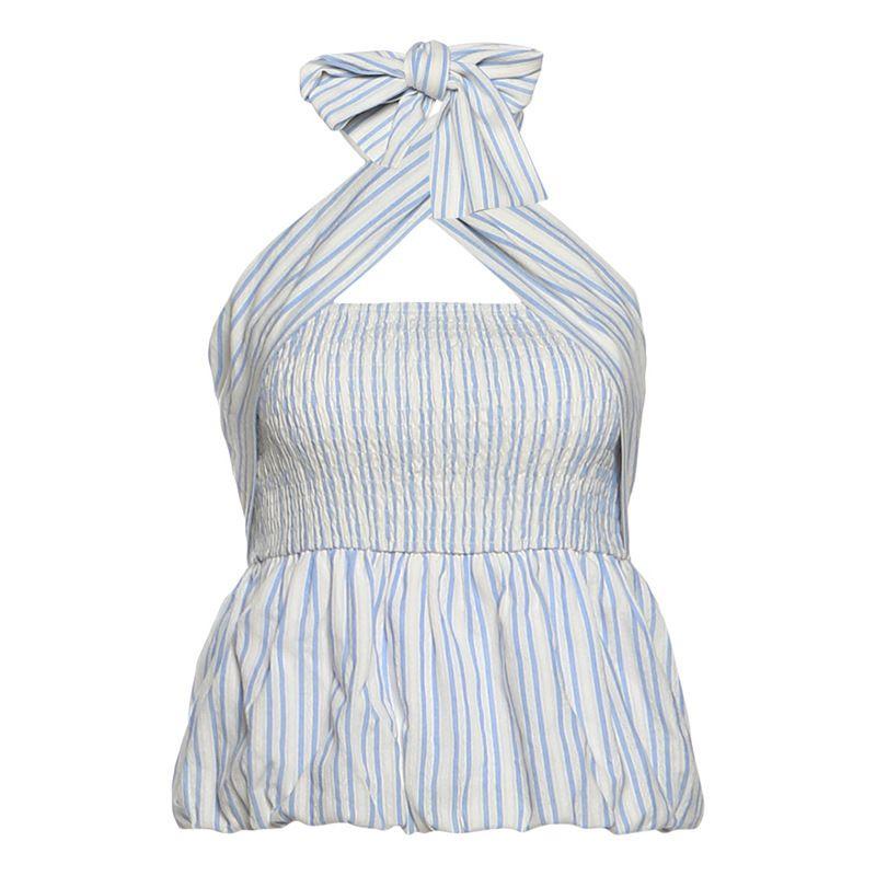Suit European and American Summer Cross-Border New Elegant Temperament Hanging Neck Sleeveless Stripe Top Solid High Waist Shorts Women Clothes