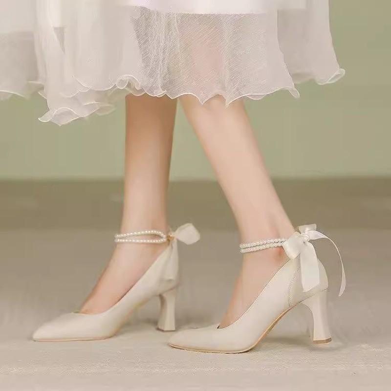 Fashion Fashion Single Shoes Summer New Pointy Head Shallow Mouth After Butterfly Knot Bead Anti-slip Wear-resistant High Heels