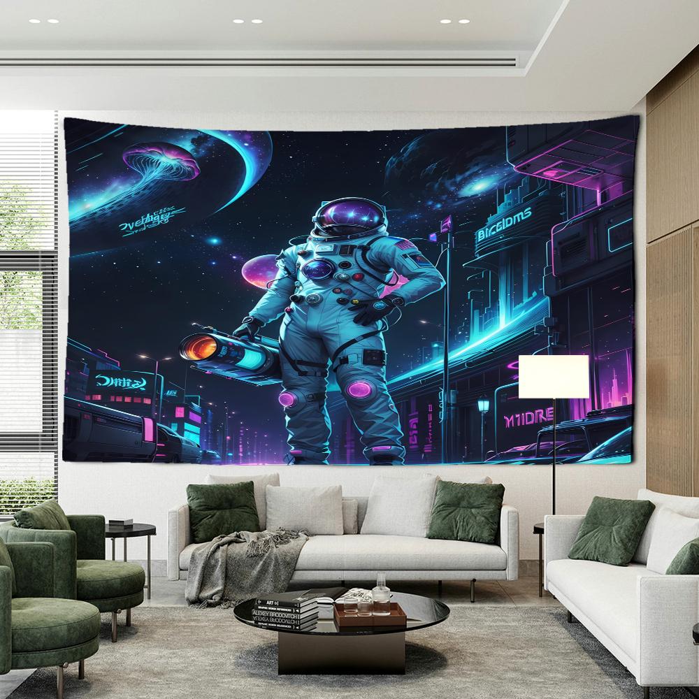 Tapiserie de perete suspendată cu astronaut de stradă neon, artă minimalistă psihedelică, hippie, tapiserie, misterios, decor pentru casă, fundal, material textil