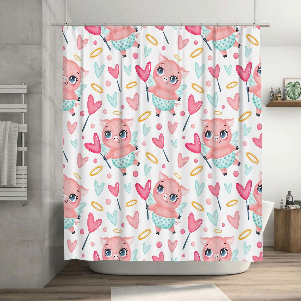 Elegant Pink Pig Print Shower Curtain Set For Bathroom Decor With Hooks Waterproof Fabric In White Pastel Colors