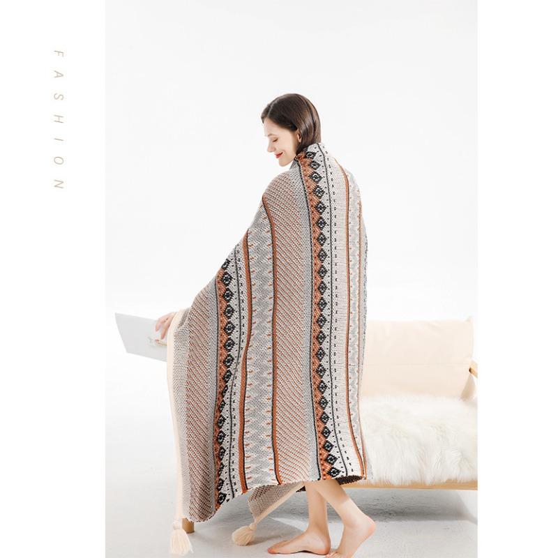 Boho Throw Blanket Ethnic Wave Tassel Knitted Sofa Cover Blanket Window Air Conditioning Blanket Cozy Office Home Napping Blanket
