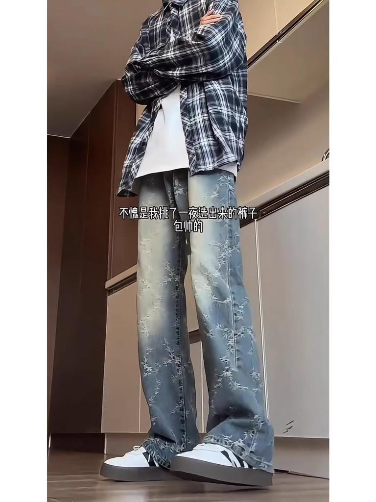 Hong Kong trendy men's summer new personalized letter jeans hip hop ins trendy high street trendy ruffian handsome trousers