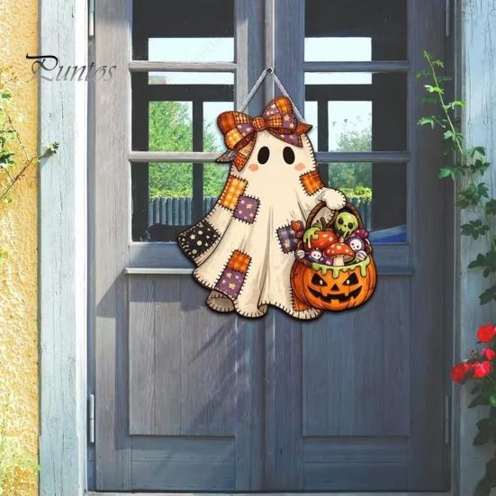 Halloween Theme Pendant Cute Bow Ghost Door Sign, Wooden Patchwork Hanging Plaque with Pumpkin Candy Basket, Indoor Entrance Hanger Retro Wall Lanyard