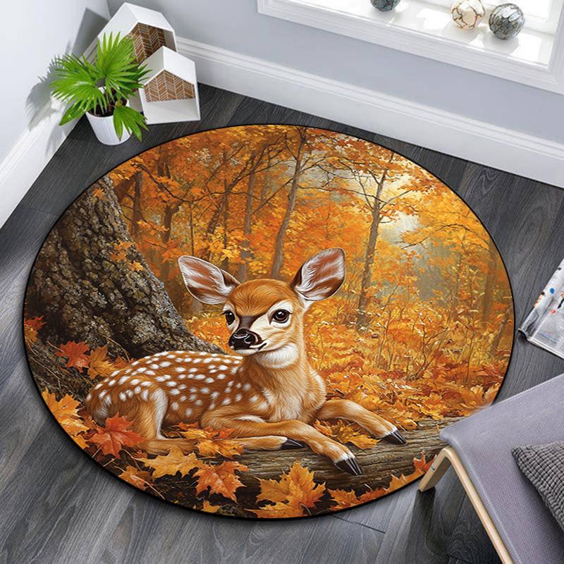 Autumnal Fawn Round Area Rug,Carpet Rug for Living Room Bedroom Sofa Playroom Decor,Non-slip Floor Mat