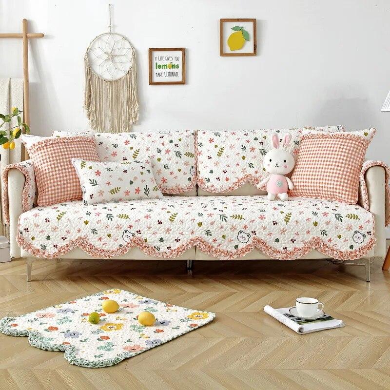 Cotton Printed L-shaped Sofa Cushion Wave Edge Anti Slip Settee Towel Universal All Year Round Lace Edge Sofa Cover  Pillowcase