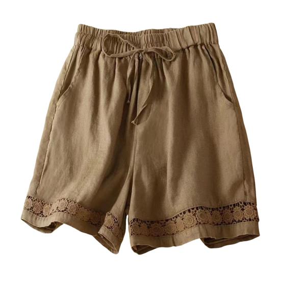 Women's Loose Boho Summer Shorts Drawstring Comfy Elastic Waist Shorts High-Waisted Wide-Leg Hollow Floral Lace Shorts