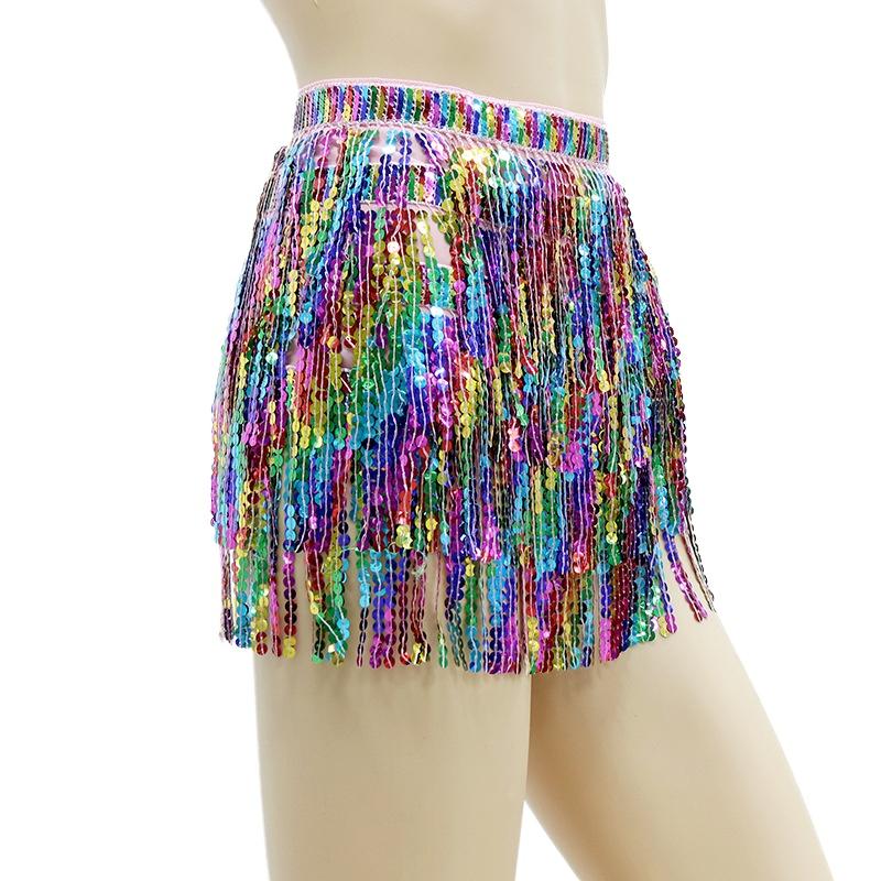 New Belly Dance Layer Sequins Skirt Tassel Chain Belt Wrap Party Club Indian Latin Hula Dancer Dress Performance Hip Waist Scarf