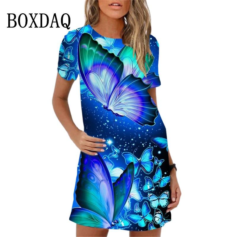 New Summer Sundress Sweet Elegant Purple Butterfly Print Mini Dress For Women Short Sleeve Loose Casual Mini Dress Oversize