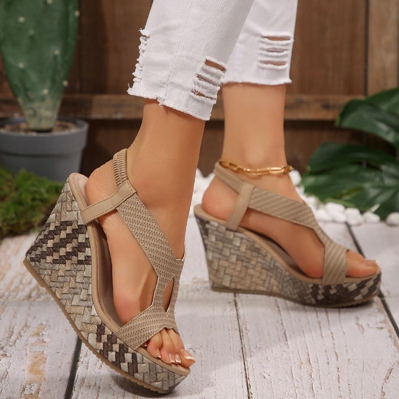Summer New Fish Mouth Hollow Elastic Sandals Water Table Thick-soled Women's Woven Thick-soled Wedge Heel Sandals Women