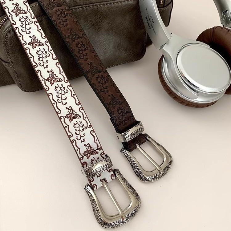 Vintage Butterfly Print Pu Leather Belt For Women With Metal Buckle For Casual Denim Accessories