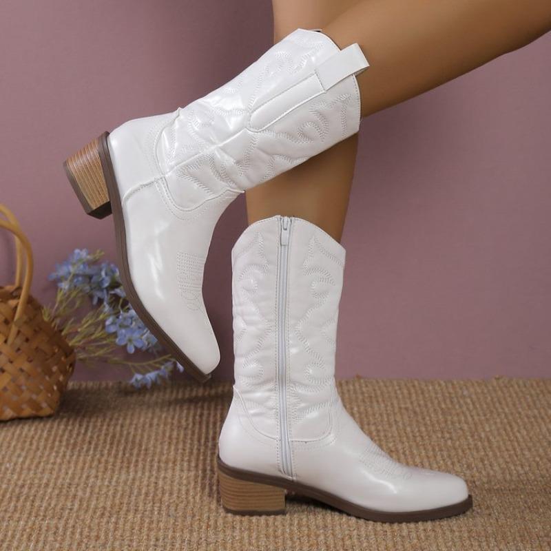 Cowboy Western Boots for Women Shiny Metallic Women's Embroidery Knee High Stiletto Pointed Toe Pink Shoes For Dropshipping