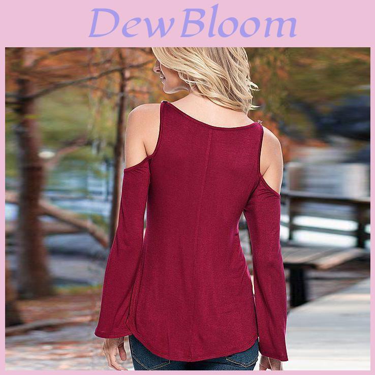 Top Camicia Blusa Casual Larga da Donna a Spalle Scoperte con Maniche Lunghe e Inserti in Pizzo con Scollo a V