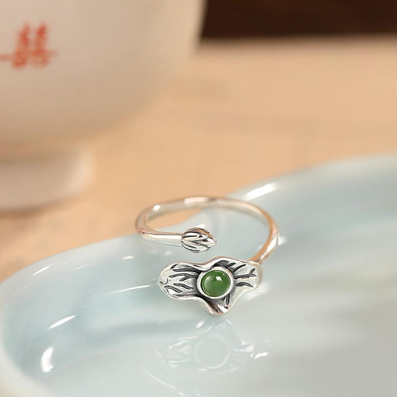 Adjustable Copper Ring With Natural Red Agate Lotus Flower Design Vintage Boho Statement Finger Women