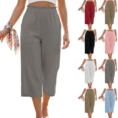 Damen Baggy Baumwoll-Leinenhose Elastischer Bund Lässig Locker Sommer Strandurlaub Hose