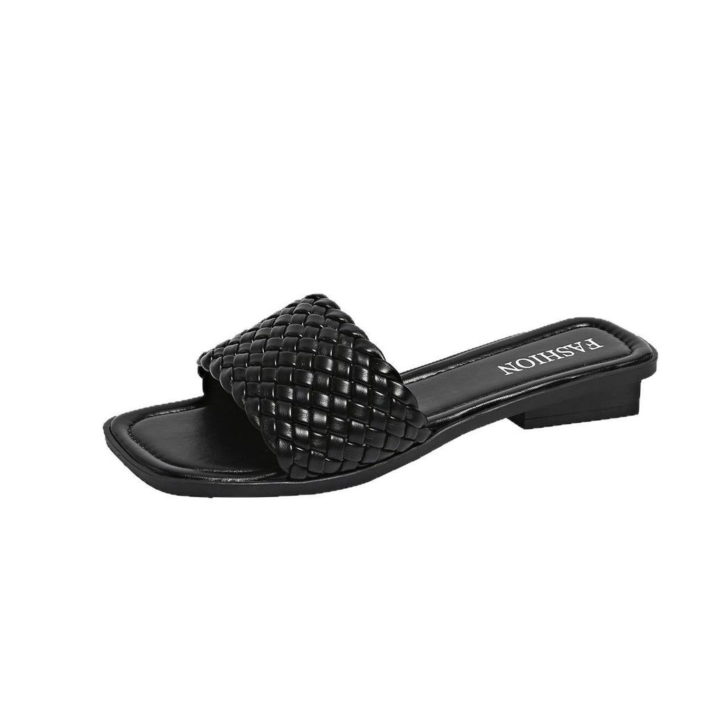 Size 35-43 square head flat bottom woven slippers women's 2025 new summer one-word outer wear casual slippers women