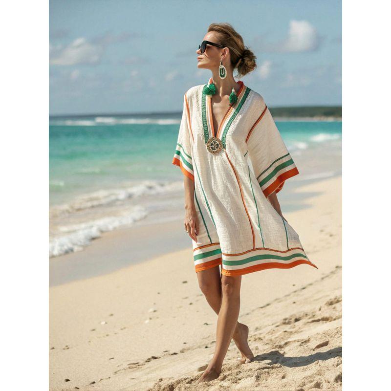 New Amazon Women's Clothing Super Fairy V-Neck Dress Seaside Vacation Beach Dress Printed Loose Mid-Length Dress