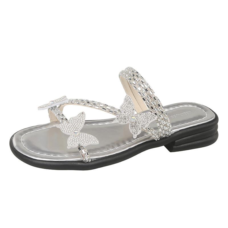 With Skirt Fashion Sandals Women's Summer Spring New Flat-bottomed Bow Flip-flops Fairy Wind Water Diamond Beach Slippers