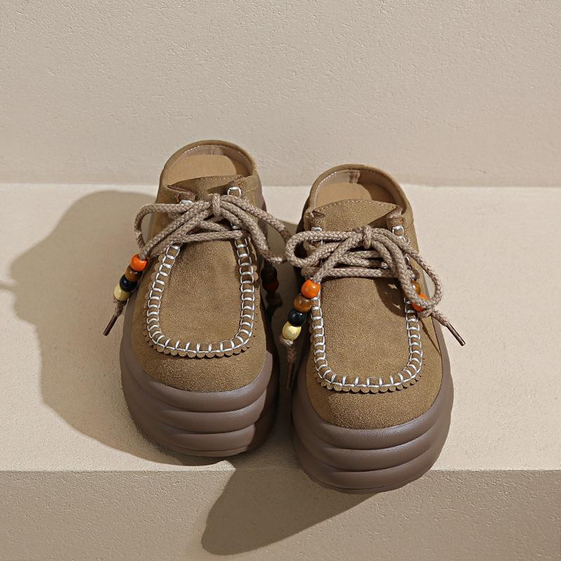 

2025 new ethnic style lanyard beaded round head Boken shoes platform sole one pedal lazy bag head half slippers 34 хаки