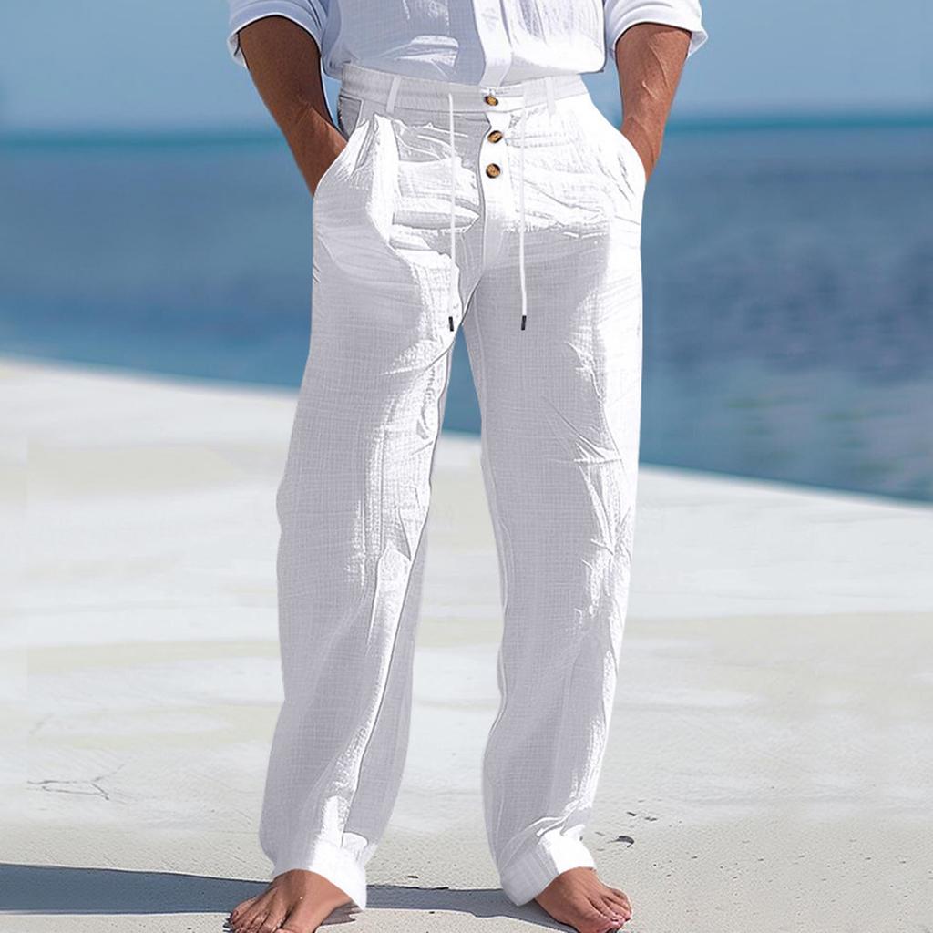 Men's Linen Drawstring Trousers  Beach Casual Sports Straight Leg Trousers