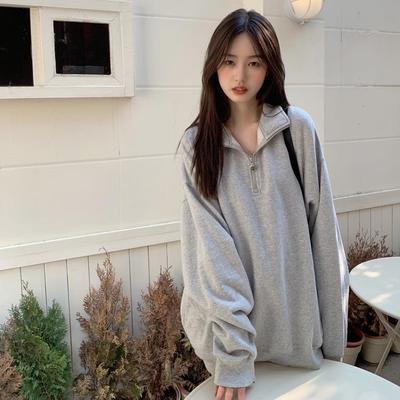 Damen Frühling und Herbst Mittellang Locker Pullover Oberteil Student Halb Offener Hals Lässiges Sweatshirt